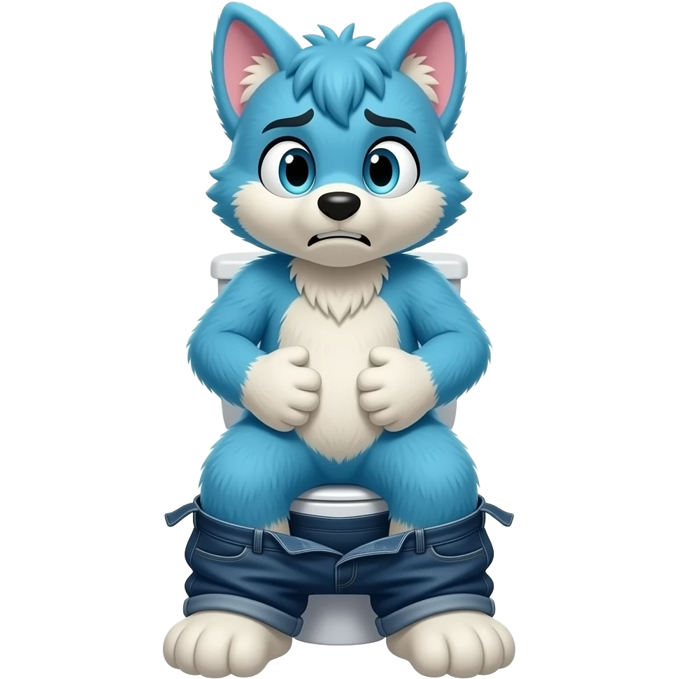 blue fursuit sitting on toilet, front view , pants down, pushing, straining face,  uncomfortable, hands on stomach emoji