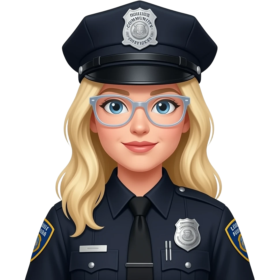 police woman, blonde long hair, Clear colored glasses, badge says (Community Service Officer) black uniform, no hat emoji