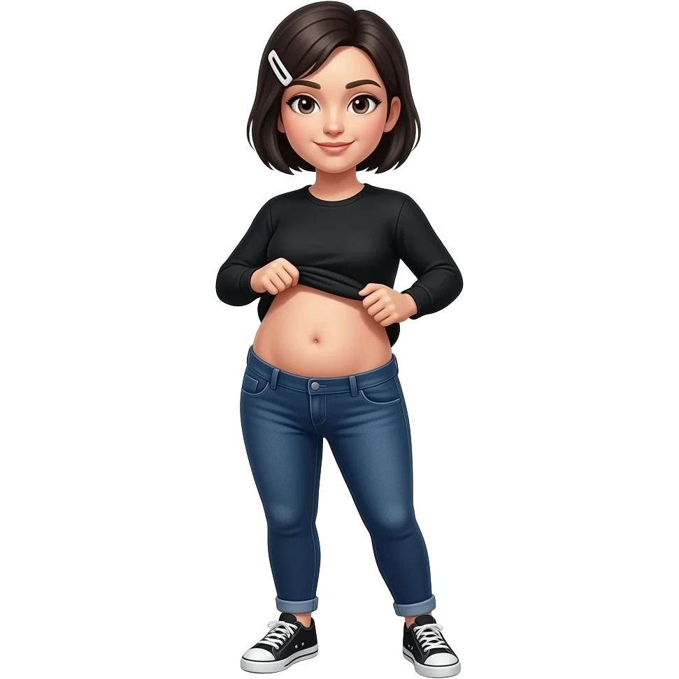White woman with black short hair, white hair clip on the left of her hair, plain black long sleeve shirt, dark blue jeans, white and black sneakers, and a chubby body lifting her shirt to show her clean chubby belly emoji