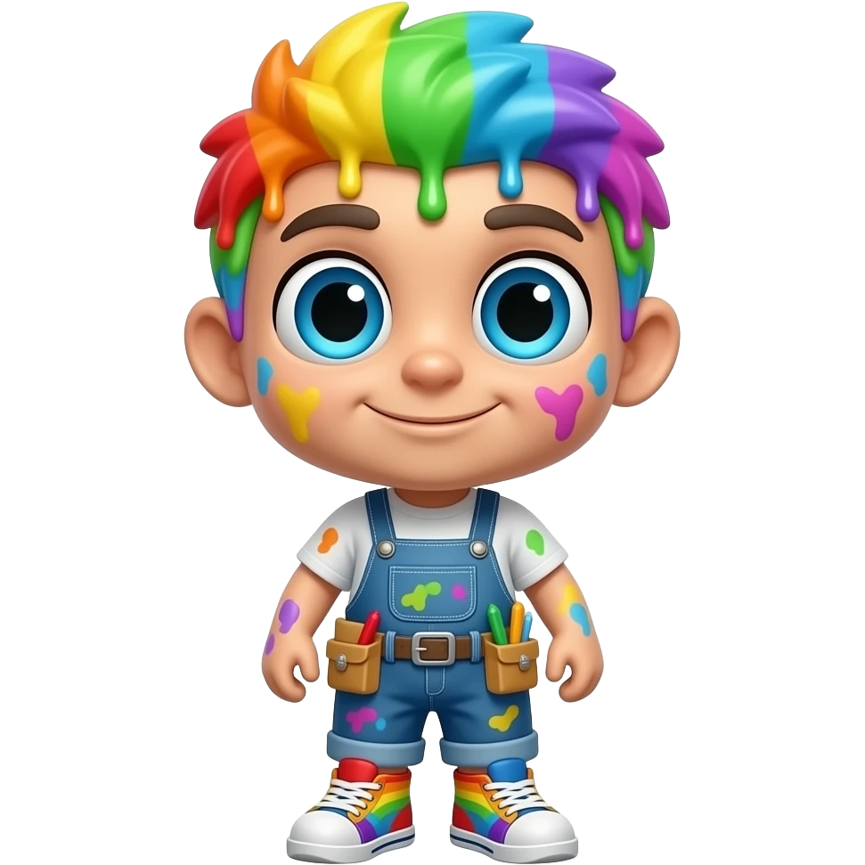 Rainbow paint mascot, full body, oversized head and tiny body, glossy rainbow paint skin, bright sky blue eyes, dripping colorful hairstyle, painter overalls, utility belt, colorful work sneakers, emoji style. emoji