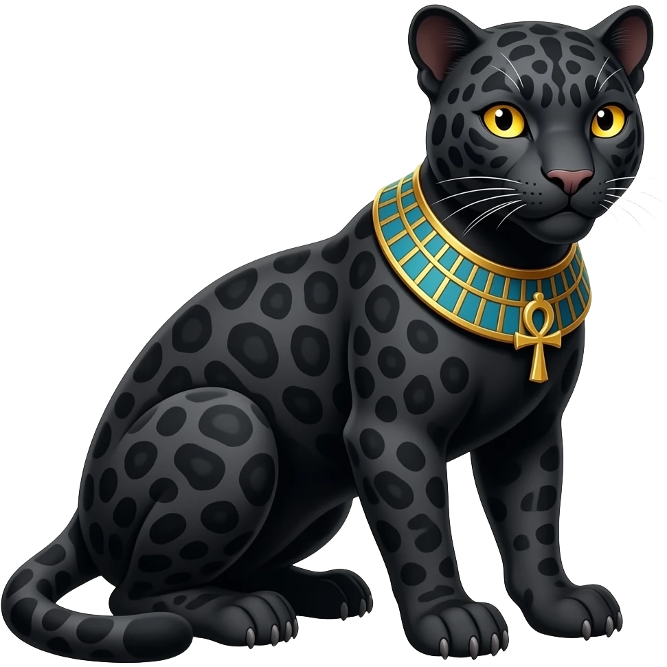 an egyptian black panther crouching with dark grey markings in its black fur and golden yellow eyes. an ankh necklace around its neck emoji