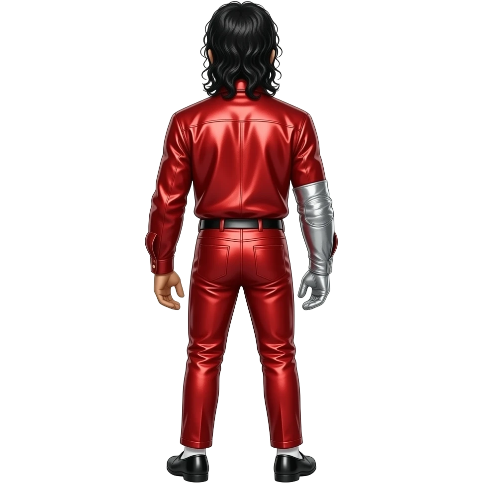 Michael Jackson from behind with red metallic shirt, red metallic pants, one silver glove emoji