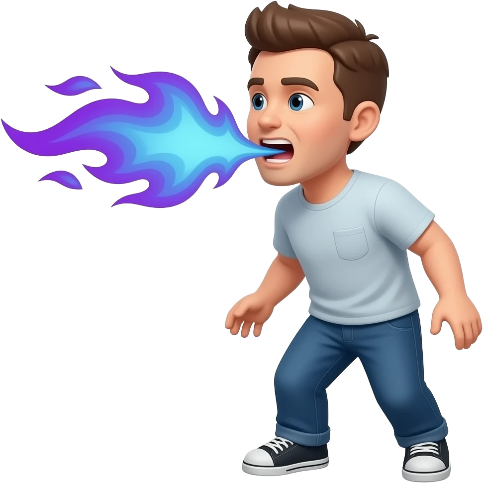 Hazlo que esté botando fuego por la boca y que el fuego sea morado con azul emoji
