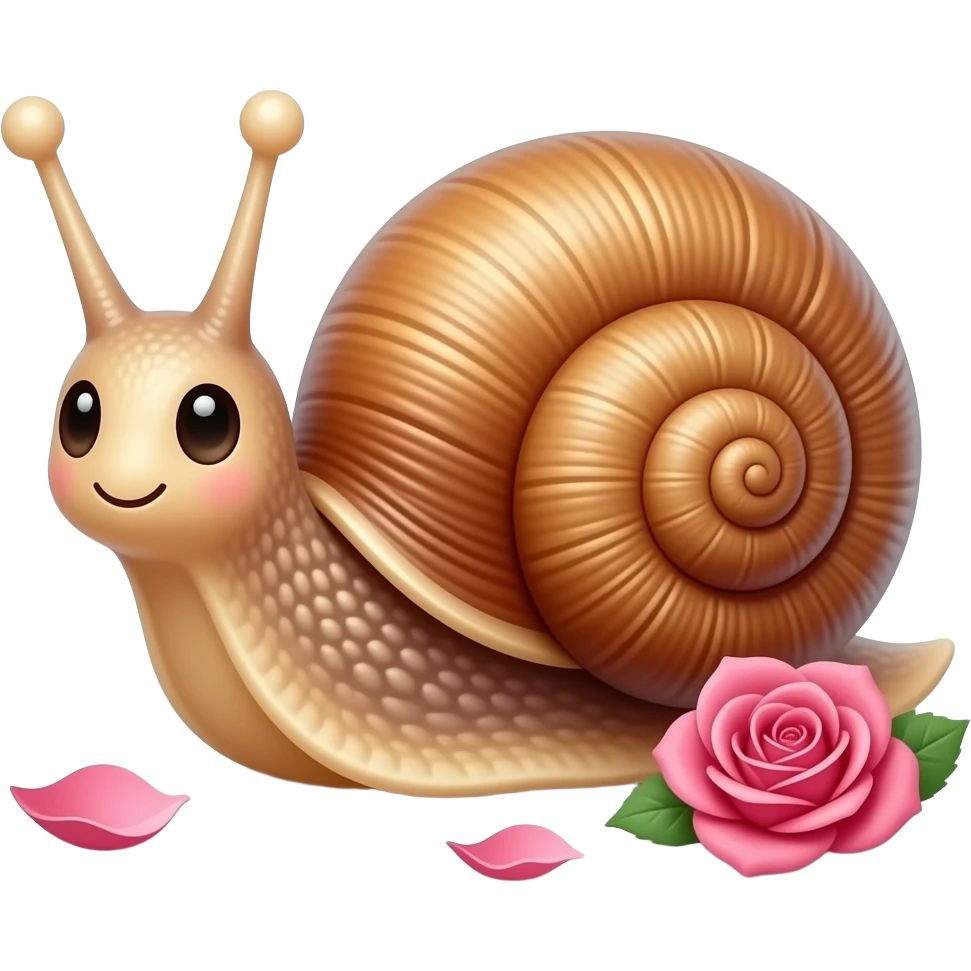 Нарисуй реалистичную милую улитку а рядом с ней лепестки роз emoji