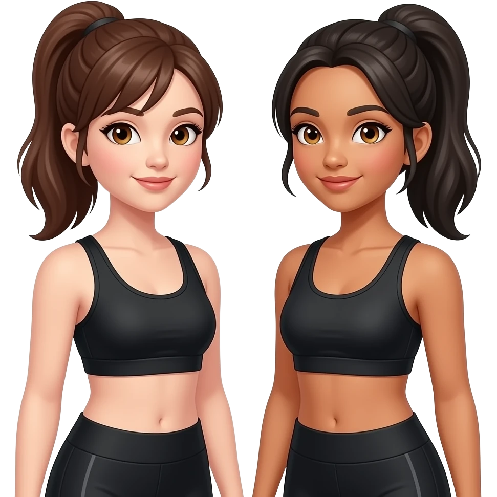 Girl dancers wearing black workout clothes, one with brown hair brown eyes and the other with darker hair and hazel eyes, both in ponytail emoji