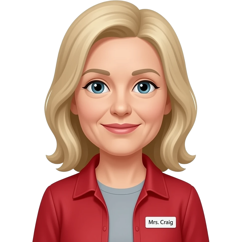 Make this emoji with dirty blonde hair down the back shoulders, over 55 years old, with a red jacket and gray undershirt and name tag says Mrs. Craig emoji