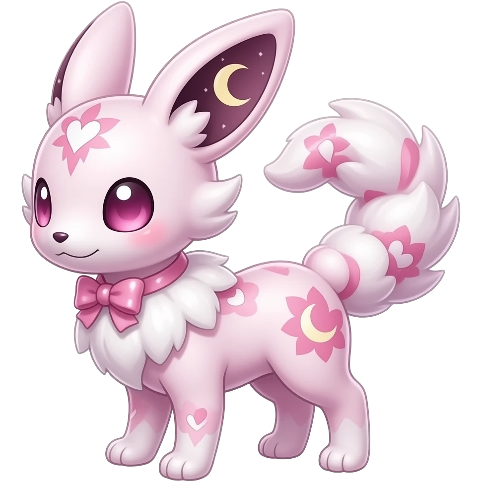 Rosy beautiful gorgeous pretty Petite shiny glossy sparkly romantic pastel damask Absol-Sylveon-Fakemon-hybrid with heart and moon patterns emoji