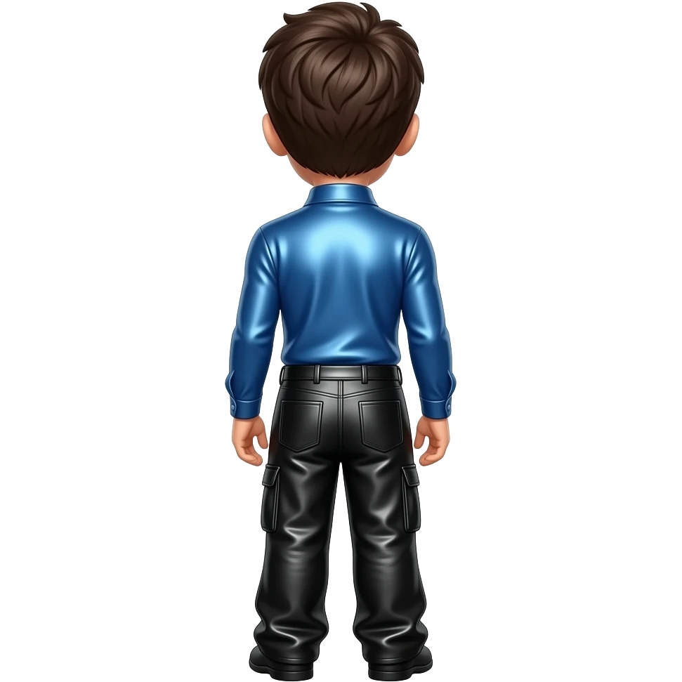 Anthony Field from behind with dark brown hair, blue metallic turtleneck shirt, black metallic baggy pants emoji