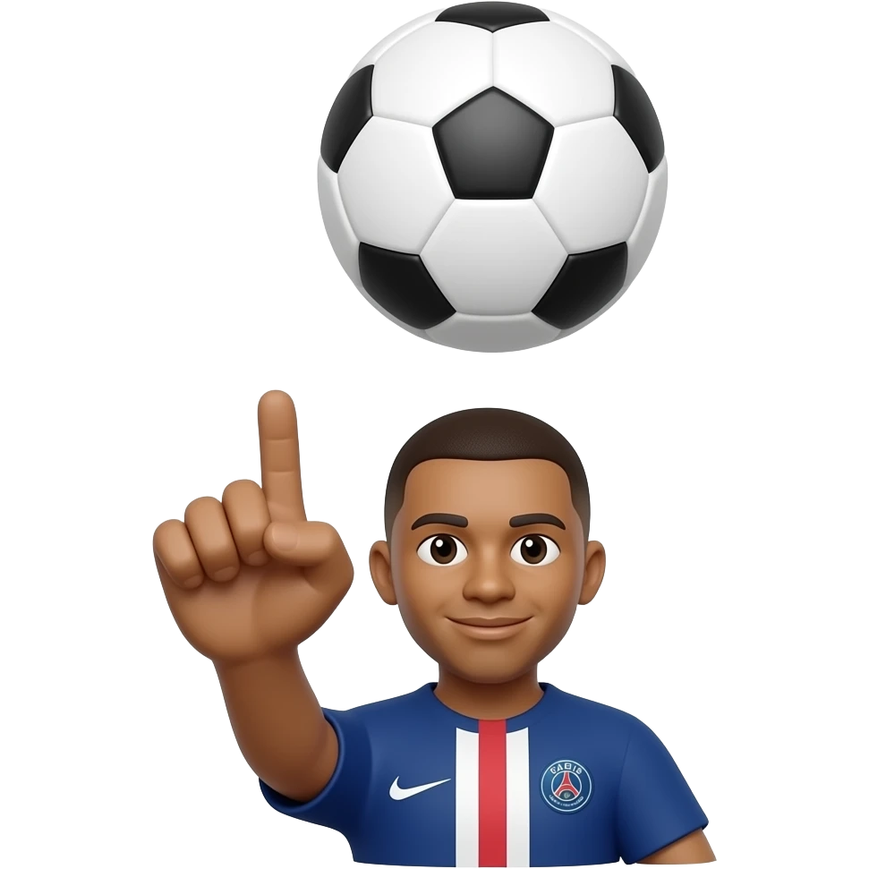 Mbappe-inspired 3D emoji, same face every time, 1 football floating above the hand. emoji