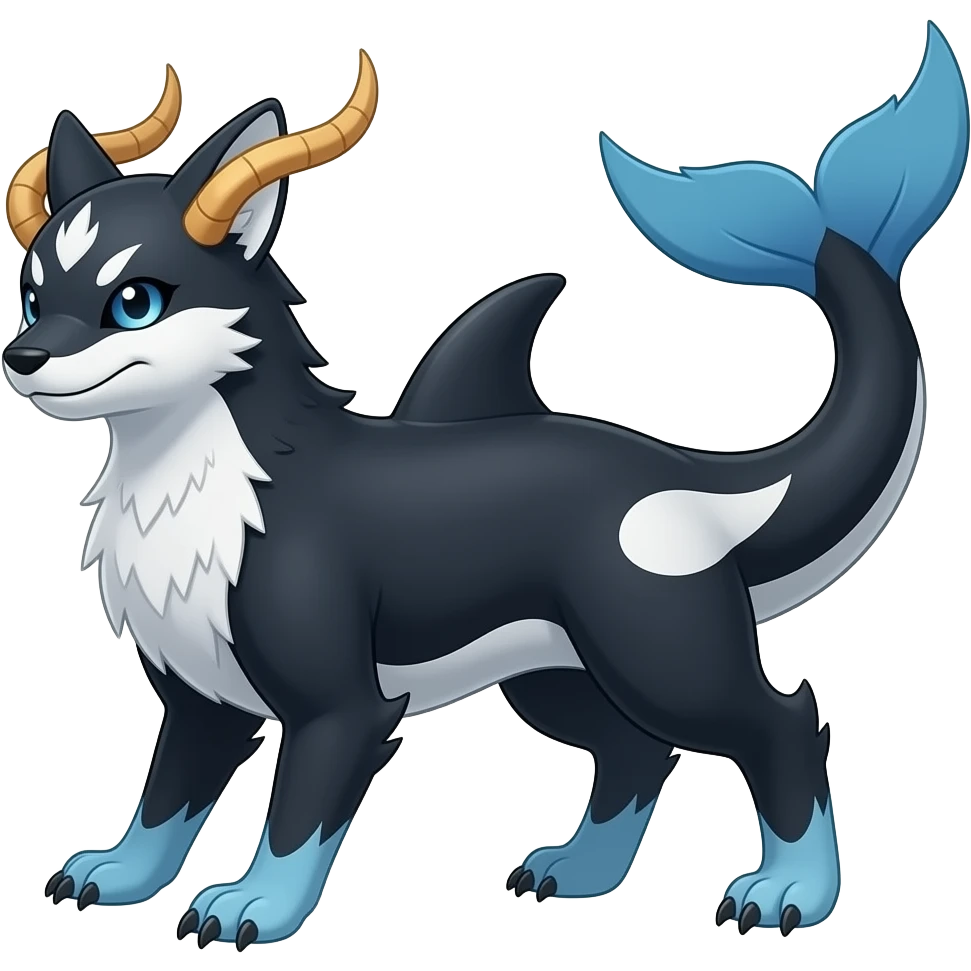 Bluish blackish whitish greyish gradients Absol-Amaura-Aurorus-Vulpix-hybrid with orca tail emoji