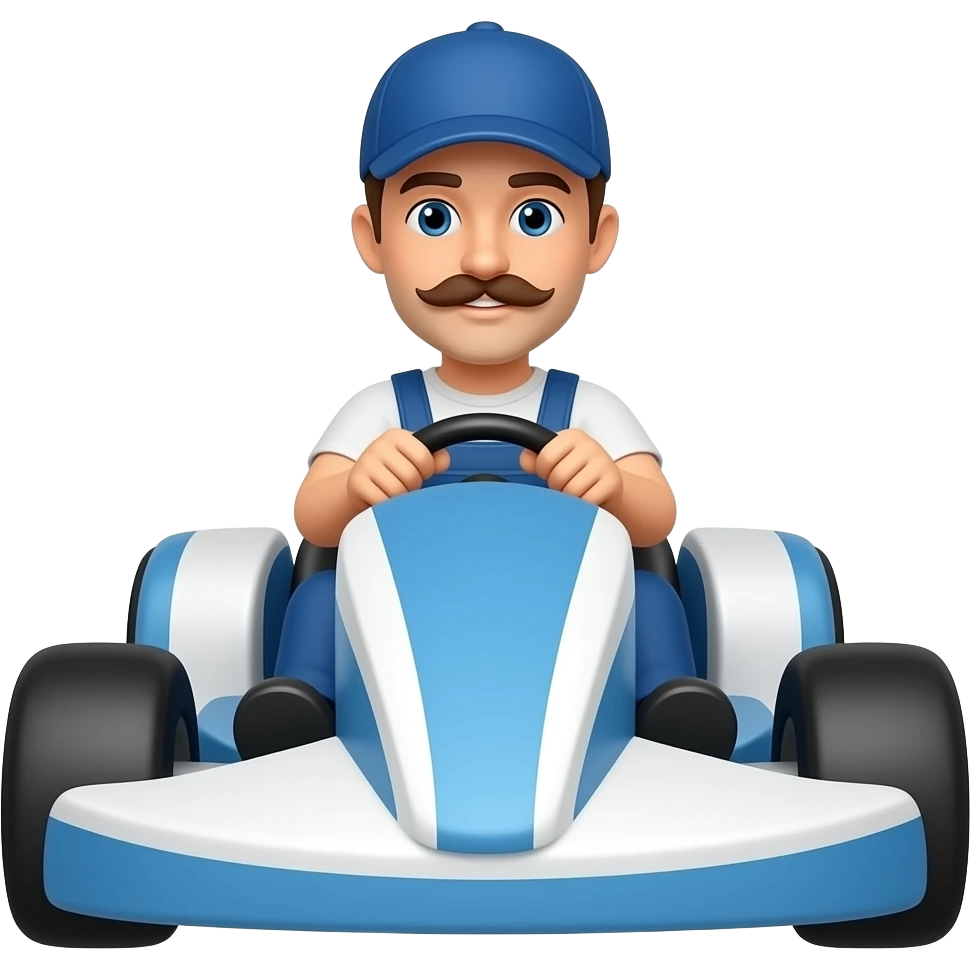 a plumber with a mustache in a white and blue kart, front view emoji