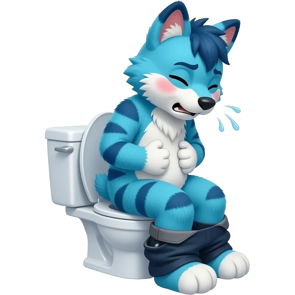 blue fursuit sitting on toilet, side view, pants down, straining face, blushing face, pain, pushing, both hands on stomach, discomfort, grunting, eyes closed emoji