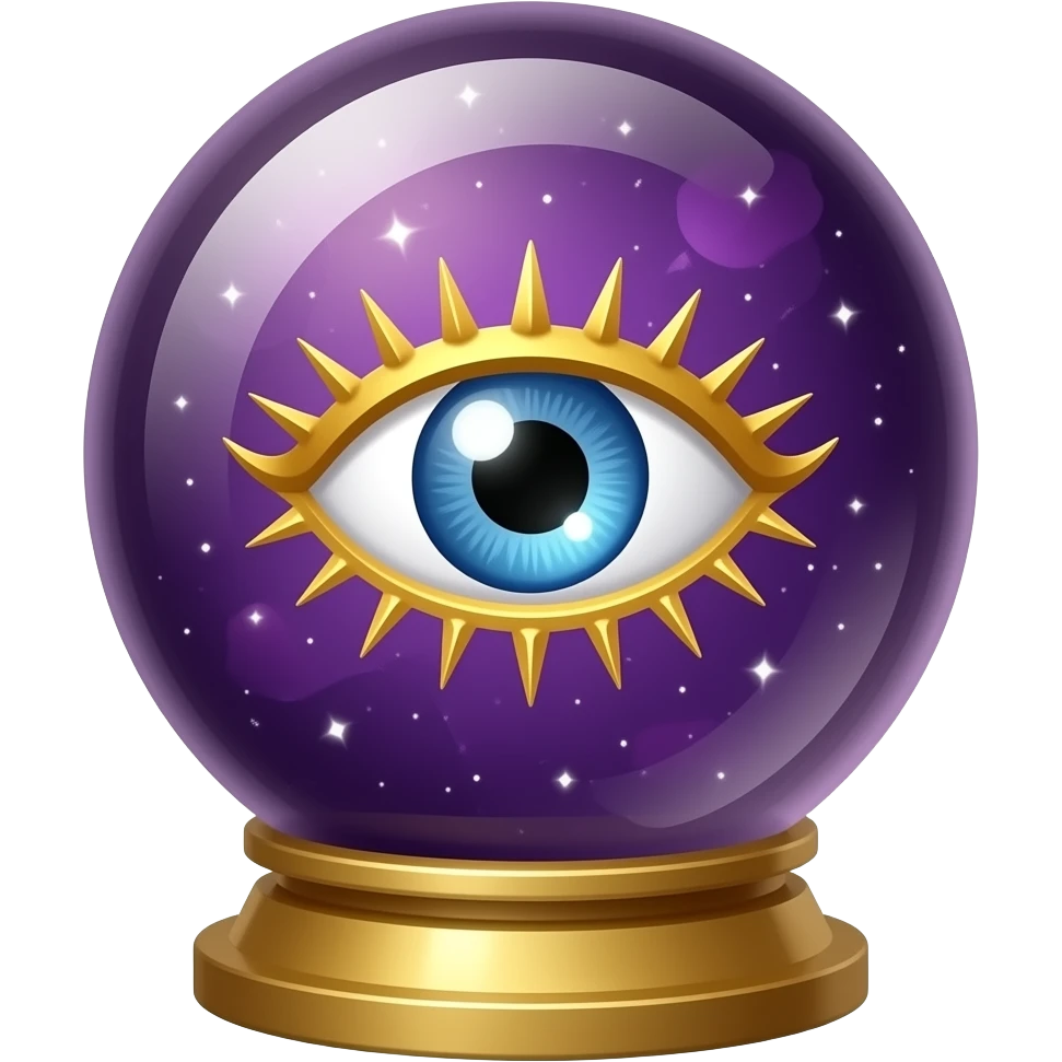 Crystal all-seeing ball on a stand (inside a purple nebula and an all-seeing eye with golden eyelashes) with white sparks (outside the edges) emoji