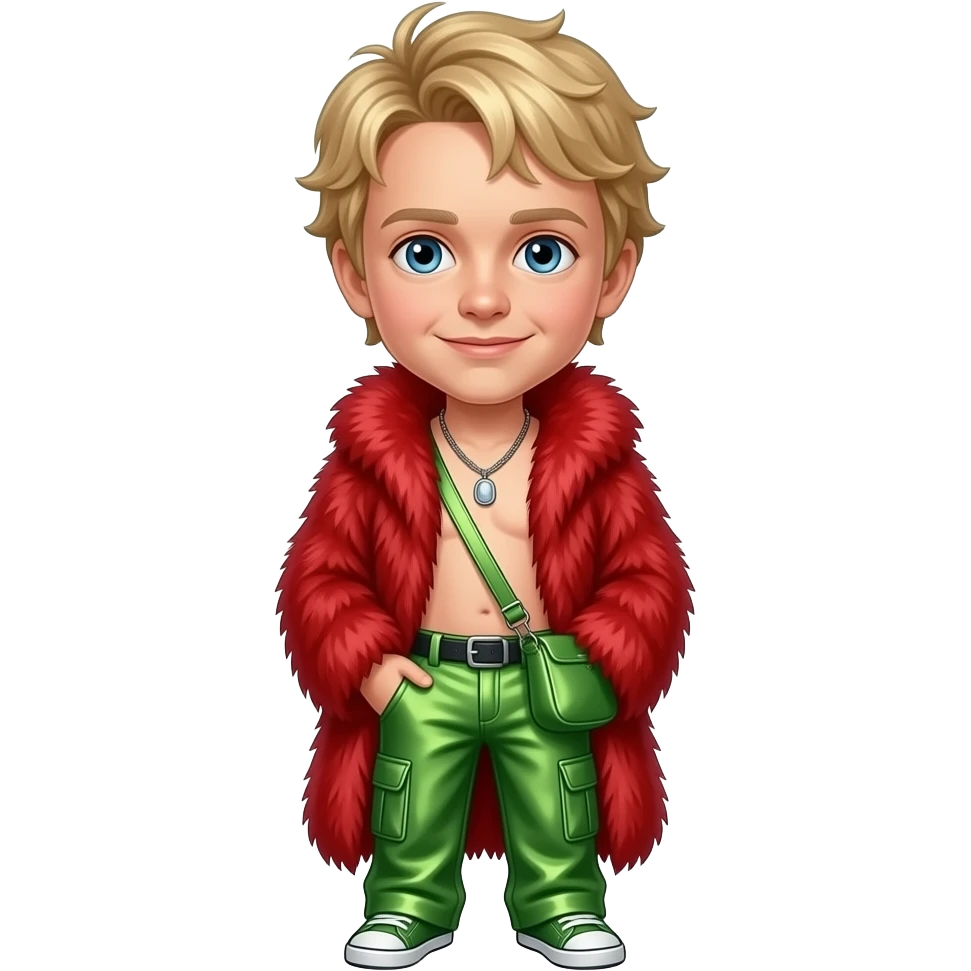 Macaulay Culkin with blue eyes, dirty blonde hair, red fur shawl, green metallic baggy pants, shirtless with necklace emoji