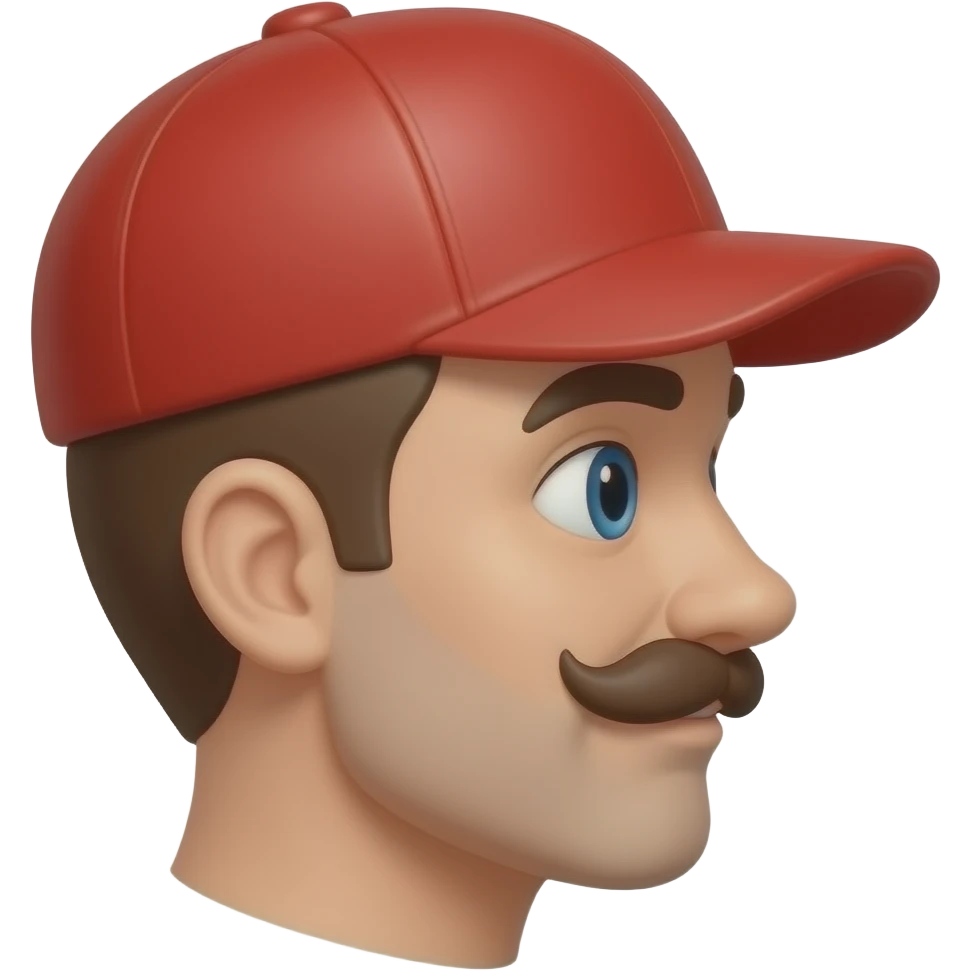 same exact cute 3D plumber emoji character, right side profile, glossy red cap, blue eyes, cartoon mustache, pixar style, smooth 3D emoji render, only camera angle changes, same character identity, same proportions, same colors emoji