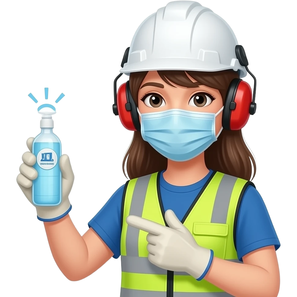 hacer un amoji de una chica que esta dando una capacitacion de seguridad e higine con los temas de ruido, iluminacion y uso de epp en la posible que l aimagen cuente con  casco blanco guantes de trabajo, protector auditivo adosado al caso de copa y chaleco reflactario emoji