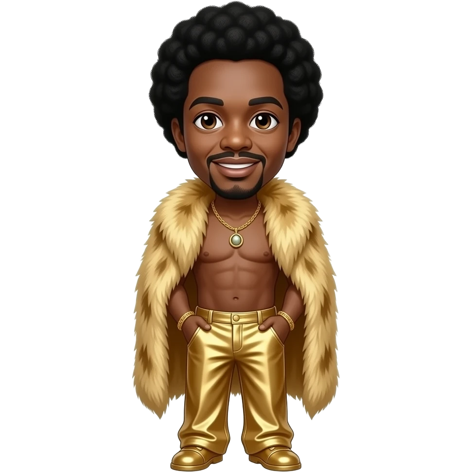 James Brown with brown eyes, black conk hair, gold fur shawl, gold metallic baggy pants, shirtless with necklace emoji