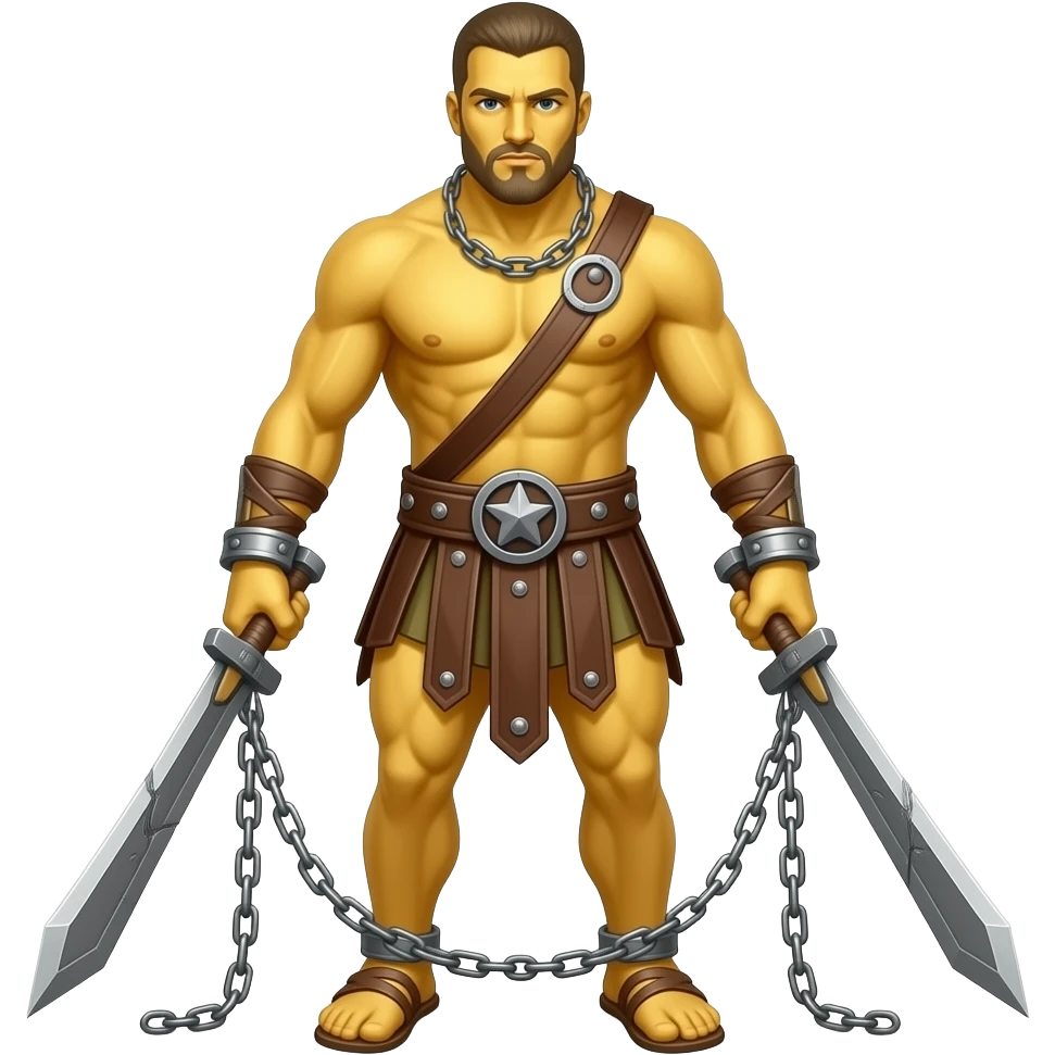 spartacus, minimal, full body, yellow skin, tipical emoji caracter style, more emojis style, more minimal, with weapons, more simplistic, emoji style, not to detail, not to cartoonish, not to realistic, shackles on wrist with broken chains emoji