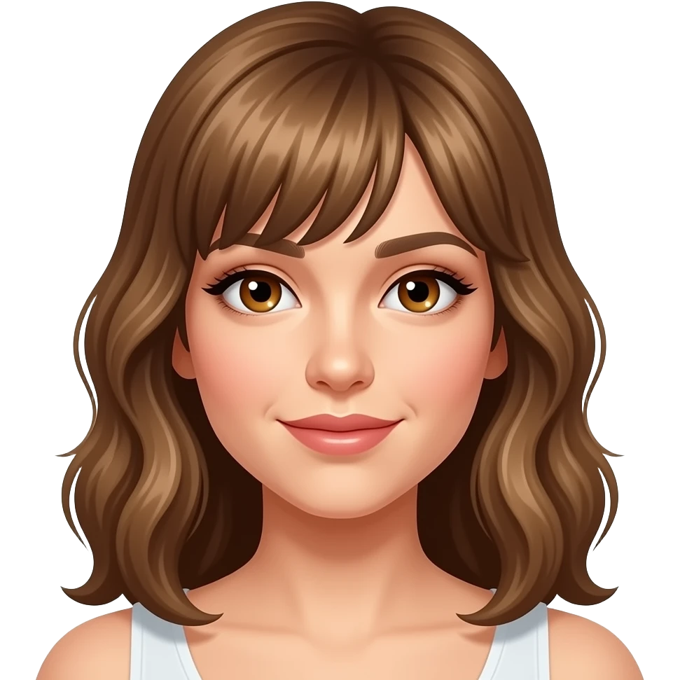 White female w hazel eyes light brown wavy shoulder length hair w bangs swept to the side emoji