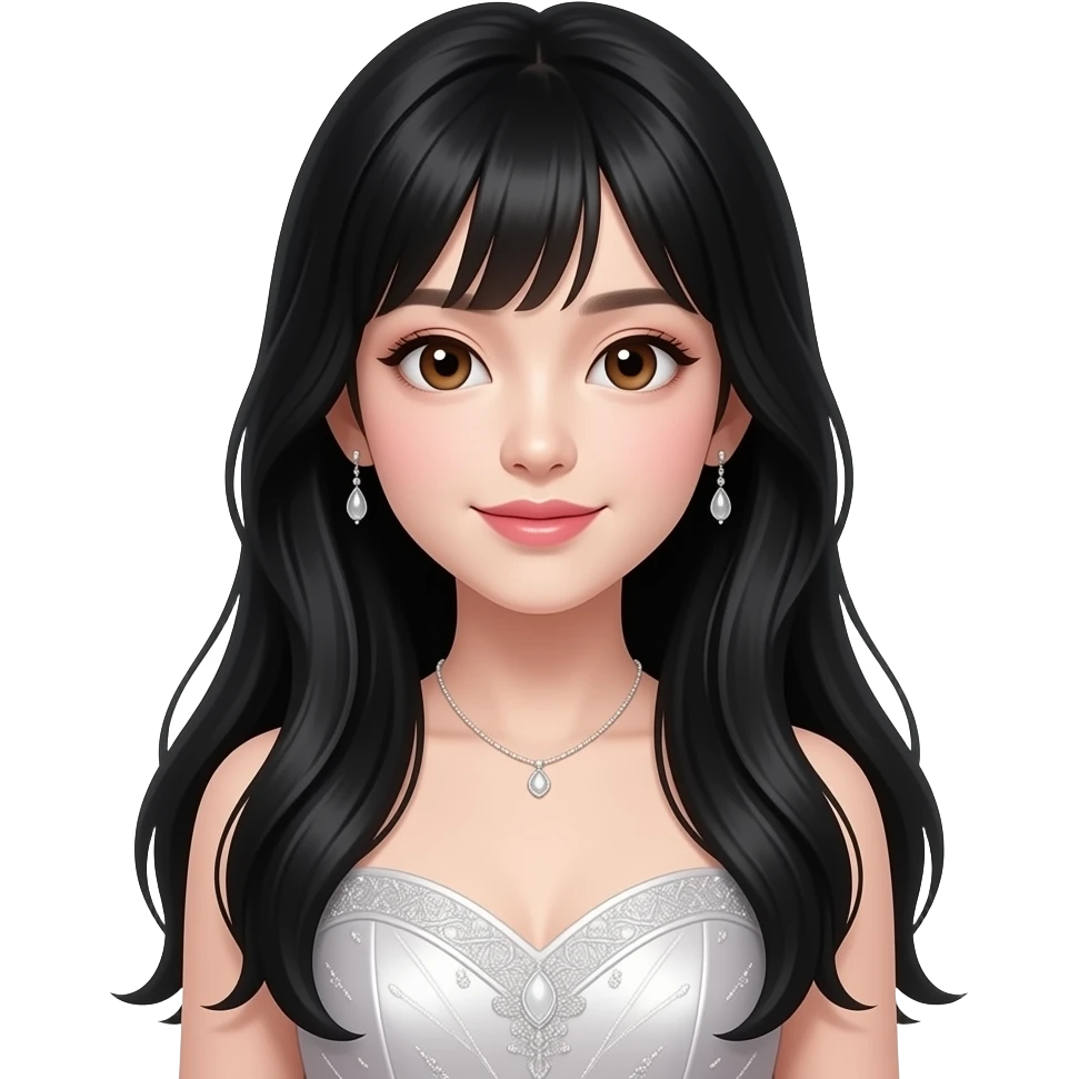A Chinese teen girl with long black hair in a fancy dress with brown eyes wearing make up emoji