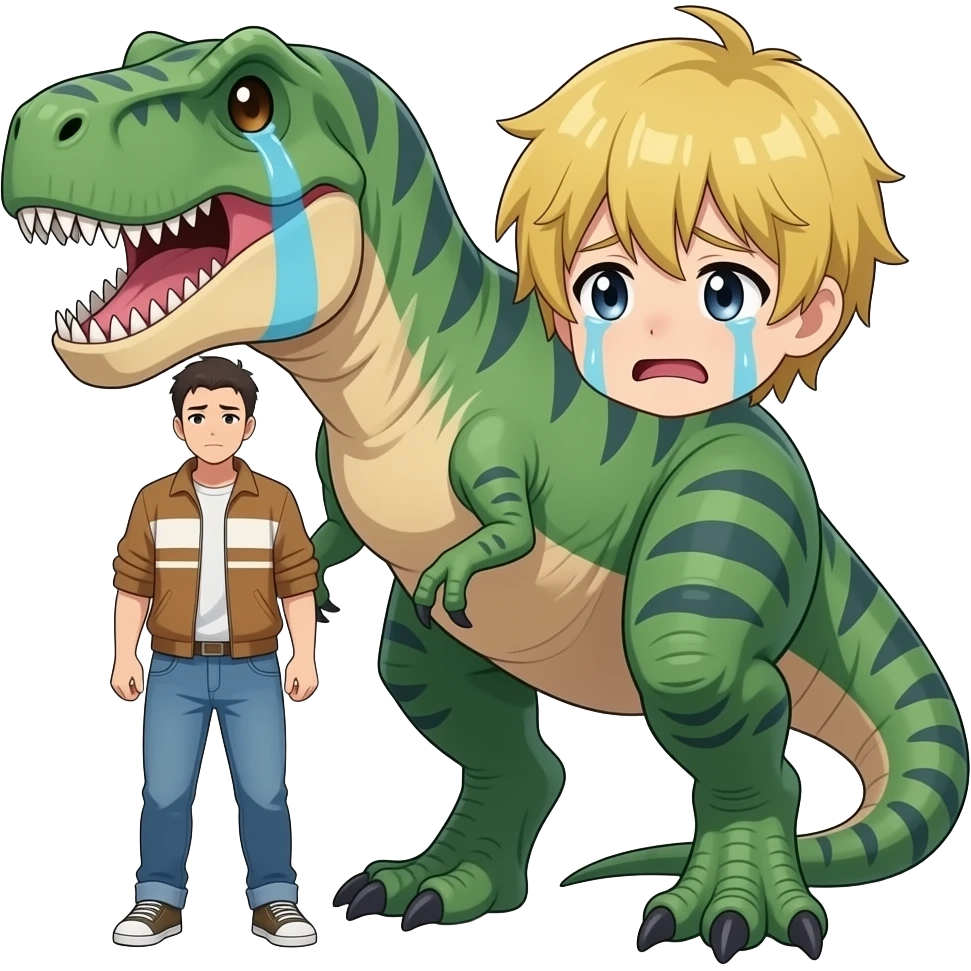 Anime hero hurting T. rex makes T. rex cry emoji
