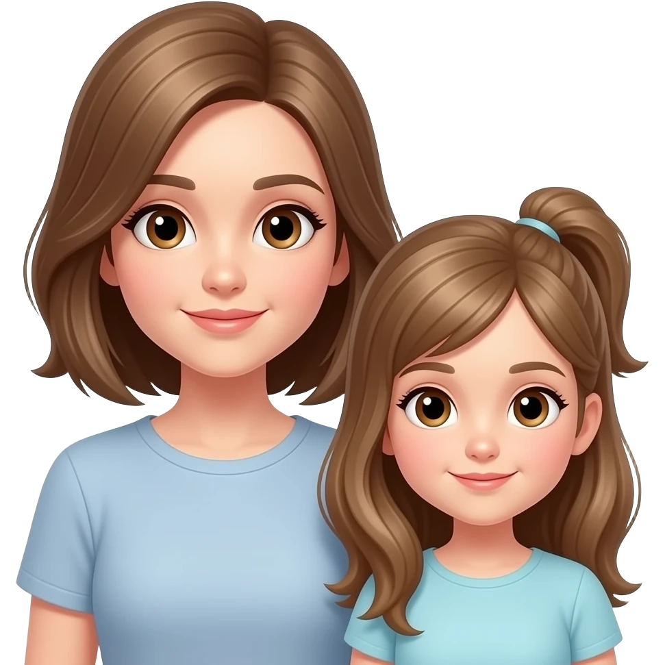 mamma con frangetta e una figlia  ciuffo al lato capelli marrone chiaro e occhi marrone emoji