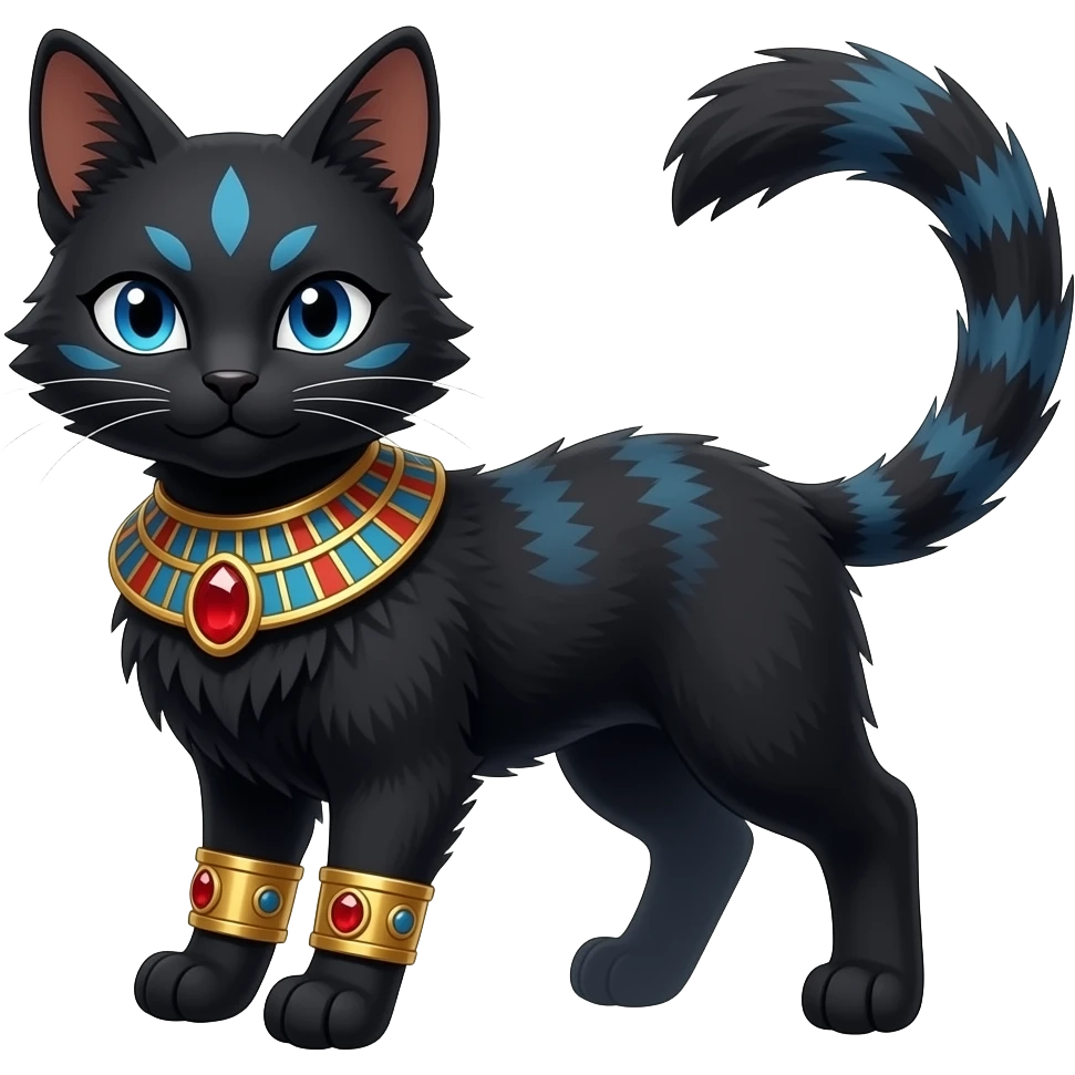 Realistic furry fuzzy Black godly overpowered ethereal majestic oriental ancient Lykoi-Caracal-Cat-Fakemon. With gold bangles, red rubies, Egyptian blue eye corner markings makeup, long thin tufted tail emoji