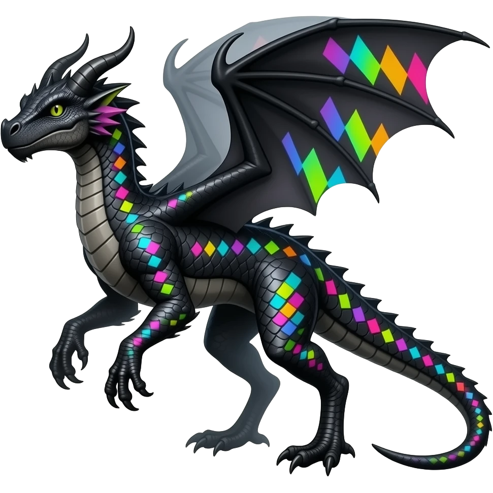 Cool edgy horned frilled black-scaled with neon-colored triangular stripe markings draconic raptorik digitigrade bipedal futuristic fantasy-Cyberpunk- emoji
