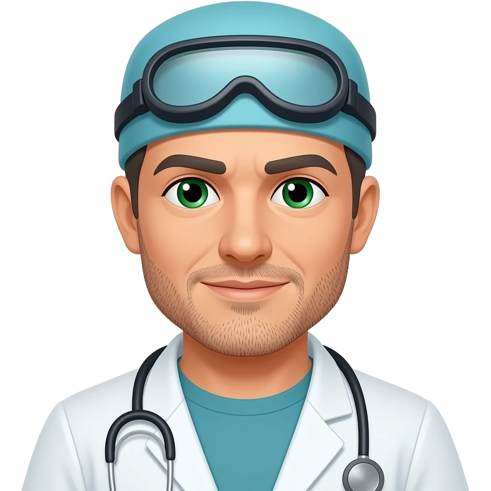 doctor with dark gray hair, beard stubble and green eyes in scub cap emoji