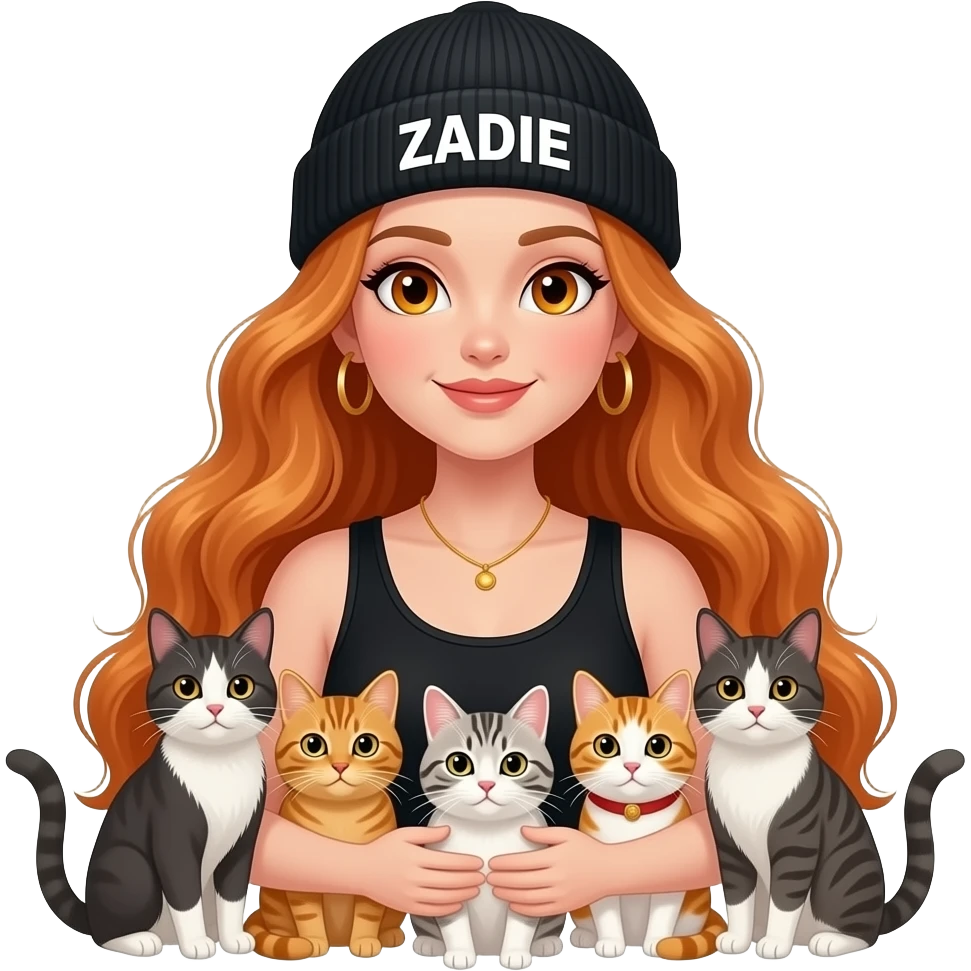 sexy girl with overlong wavy ginger hair and ginger eyes wearing a black tanktop and a black beanie with ZADIE written on it,  is holding 5 cats emoji