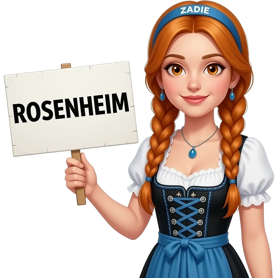 sexy girl with overlong ginger braids and ginger eyes wearing a black blue dirndl and a blue headband with ZADIE written on it, is holding a sign with ROSENHEIM written on it emoji