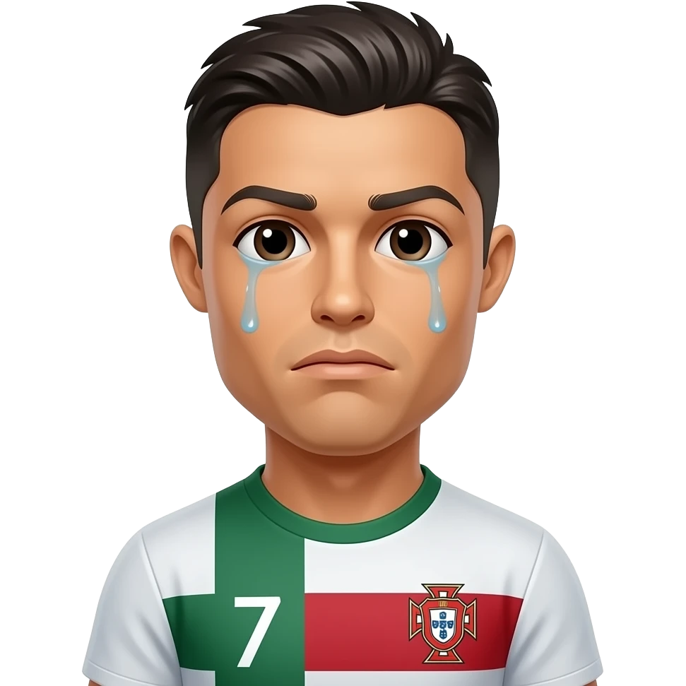 Cute man Cristiano Ronaldo, Portugal jersey, crying with tears, sad eyes, glossy 3D emoji sticker, white outline, transparent background, ultra detailed. emoji