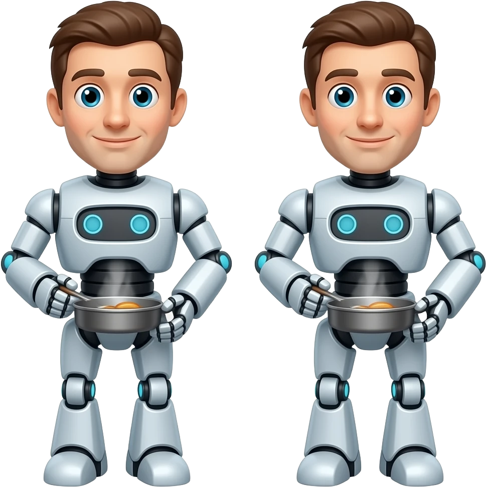 pair of funny friendly looking robots cooking, their faces look like human's (white dudes, no beard, brown hair) emoji