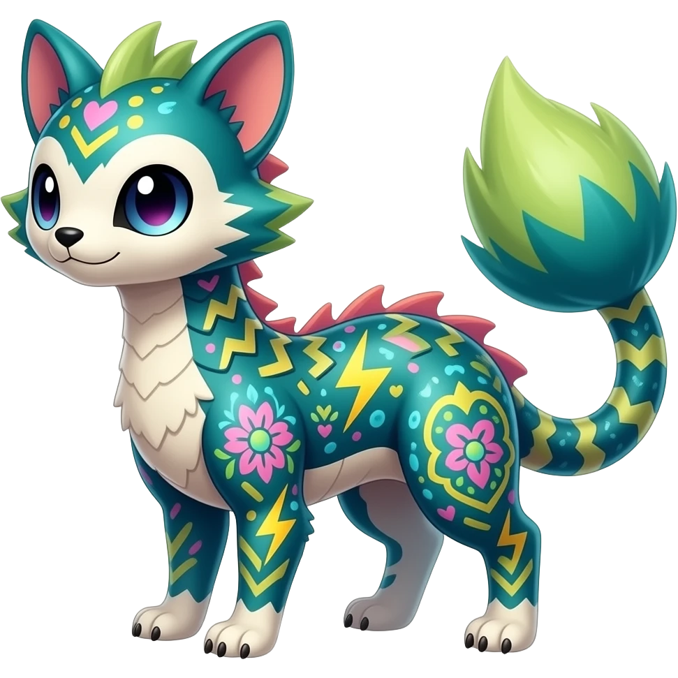 Colorful scaly soft spunky elegant thin Realistic tall slim unique fantasy original shiny smooth soft flurry edgy cool Civet-Absol-Sprigatito-Vaporeon-Fakémon-hybrid with tribal chevron heart floral lightning bolt strikes damask paisley markings emoji