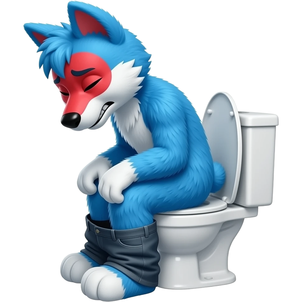blue fursuit sitting on toilet, side view, pants down,  straining, red face emoji