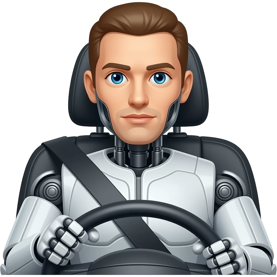 crash test dummy with robot face,  in car seat in drivers position emoji