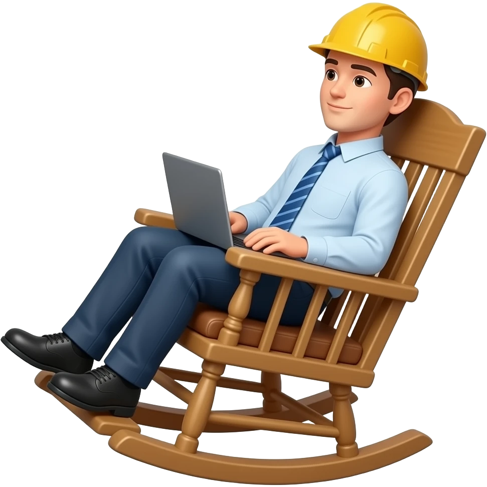 A big rocking chair just moving back & forth and one project manager is seating on it wearing helmet emoji