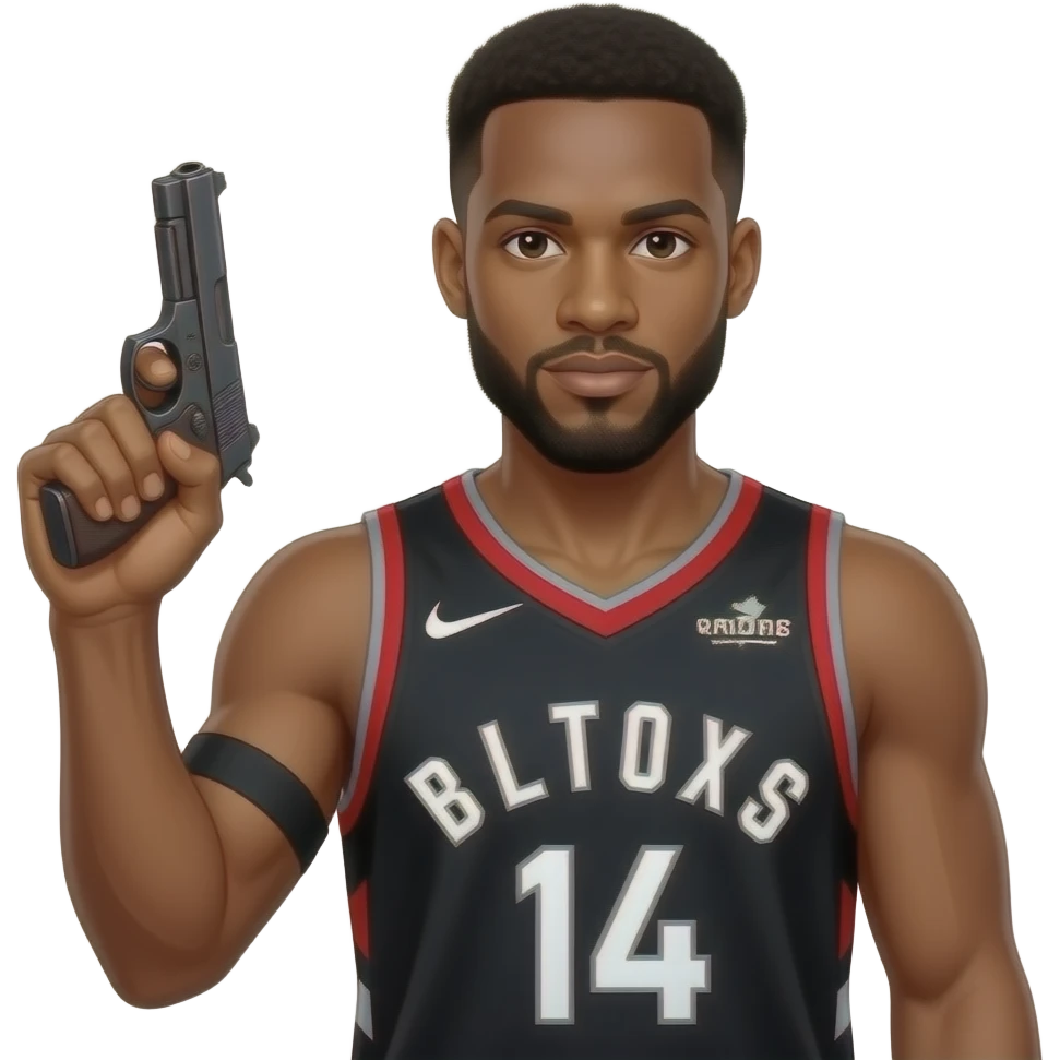 Kawhi holding pistol and wearing raptors jersey emoji
