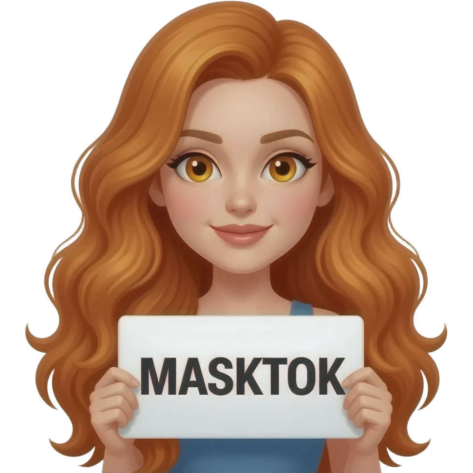 sexy girl with long wavy ginger hair and ginger eyes wearing a top is holding a MASKTOK sign emoji