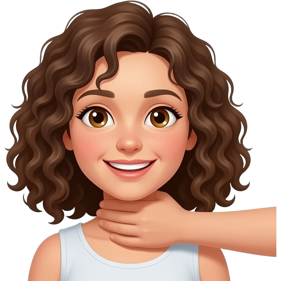 Brown curly hair girl with light brown eyes being choked one handed by someone else smiling emoji