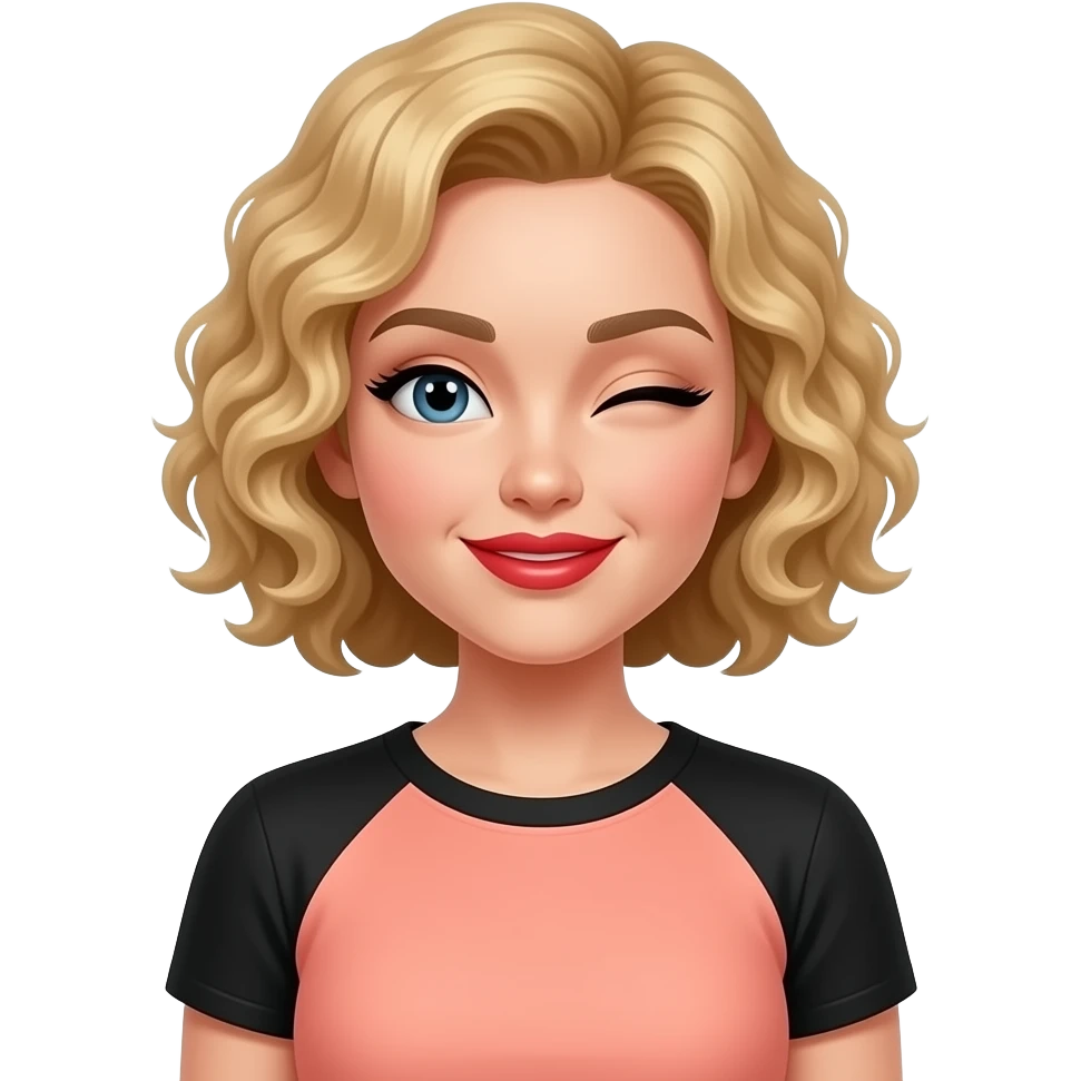 Short curly blond hair side swept red lipstick and peach and black short sleeve WINKING WITH BLACK EYEBROWS emoji