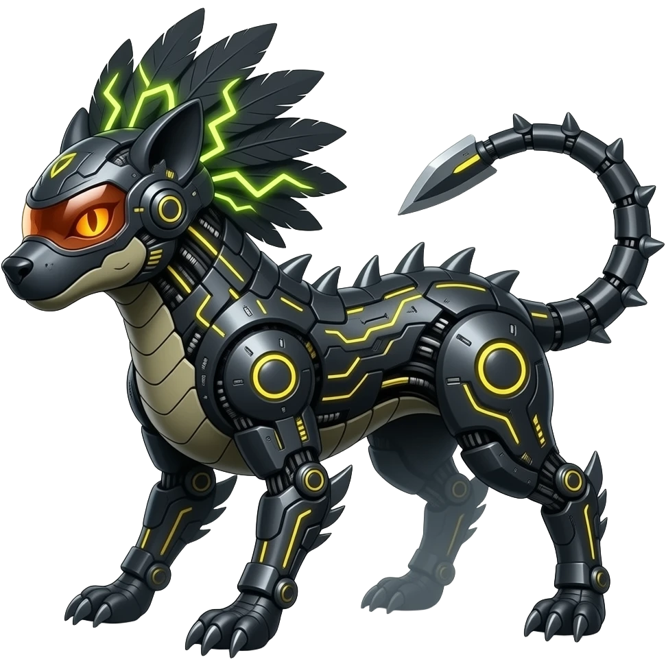Cool edgy fiery cybernetic electrical visor-helmeted, Circuitry-patterned black-scaled digitigrade futuristic raptorik fantasy-Cyberpunk-Steampunk-Solarpunk-Genesect-Salamence-Cyclizar-Salazzle-Feraligatr-Fakémon-animal-hybrid, with neon feather-mane, and a tail blade, back spikes emoji
