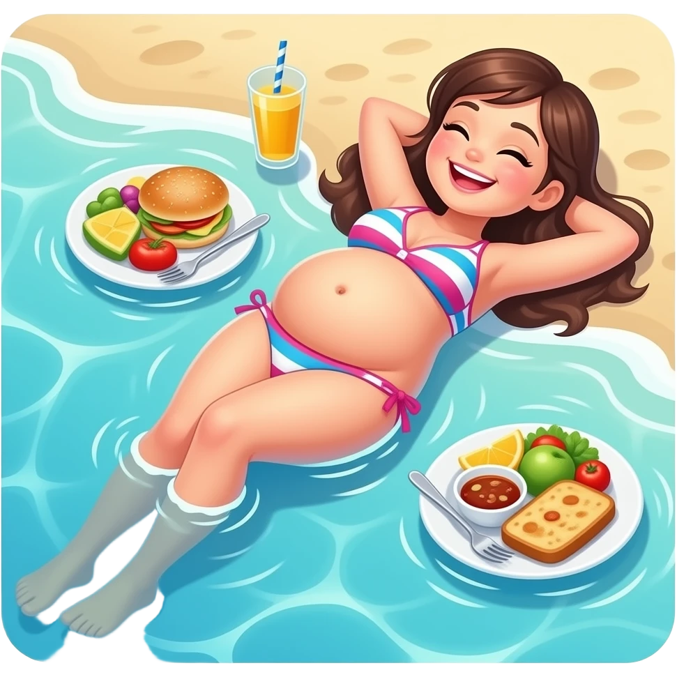 A girl enjoys beach holiday in her swimmers,but she is so full from a lunch break that she is about to burst,Then her fat Tummy rolls & drops out,she will just lay on her back in the shallow cool water,her gluttonous belly promotes a good resort business. emoji
