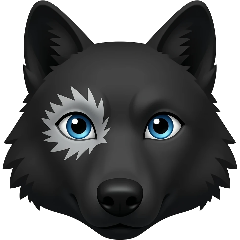black wolf with blue eyes and greyish white markings over the left eye around the eye emoji