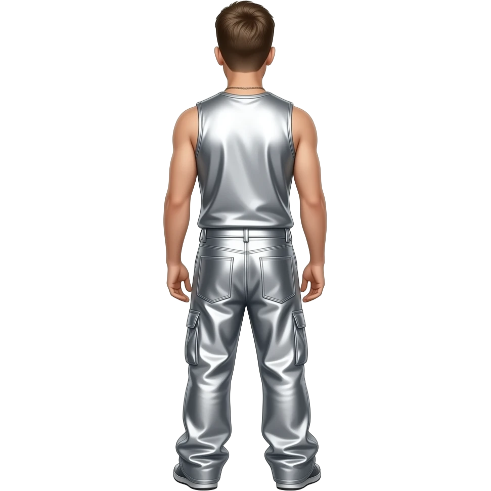 Aaron Carter from behind with silver metallic sleeveless shirt, silver metallic baggy pants emoji