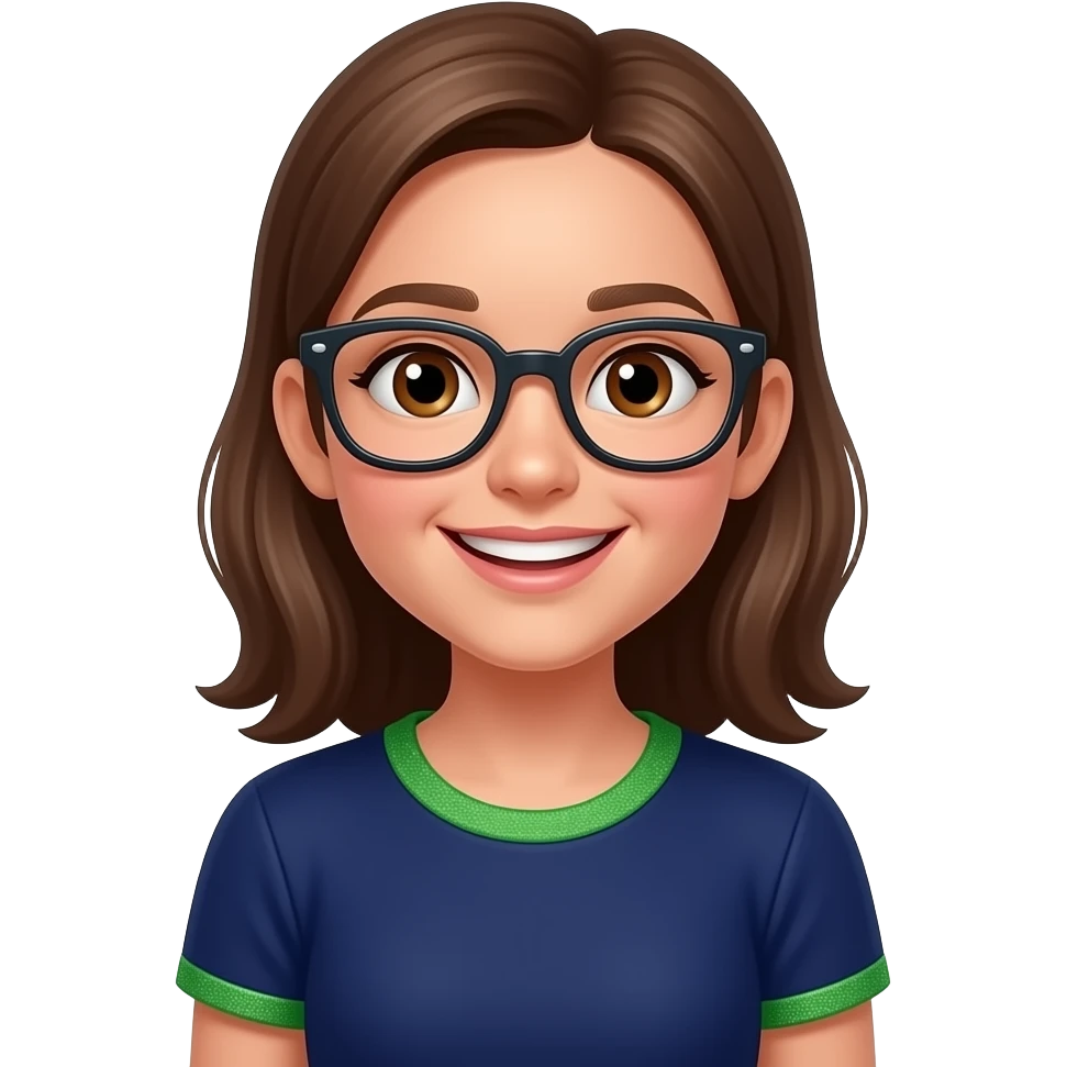 È una femmina   ha gli occhi marroni  ha 12 anni e adora la ginnastica artistica e la sua maglietta he blu scura un bordino verde e bianco con i glitter argento Ha i capelli castani  pochi glitter argento e togli gli occhiali Togli i glitter sulla maglietta e togli gli occhiali emoji