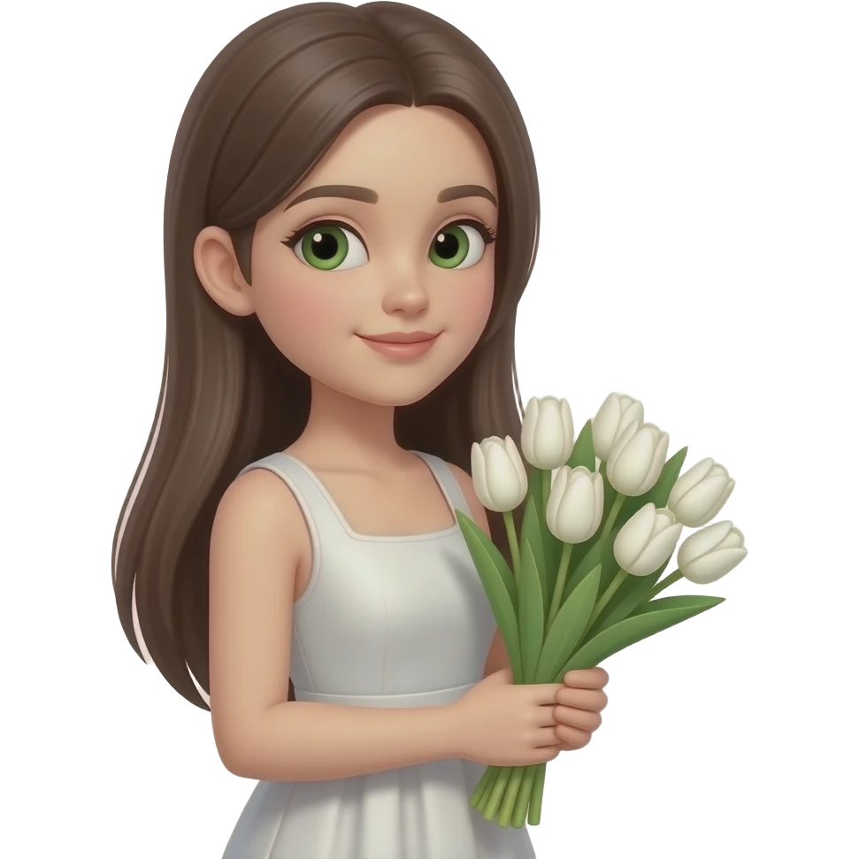 a closeup picture of a girl in a simple dress with long straight brown hair and green small eyes with a bouquet of white tulips to the side emoji