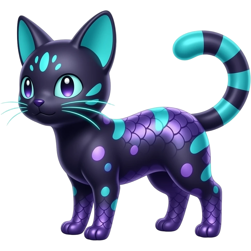 Realistic dusky iridescent-scaled slim smooth shiny glossy elegant mature bioluminescent oil-dark, purplish, neon-cyan-accented, back-finned, abyss-fantasy-Lykoi-Bambino-Vaporeon-Umbreon-Civet-Fakémon-fusion, with thin neon-glowing bulb-whiskers, koi-piebald-flecked full body emoji