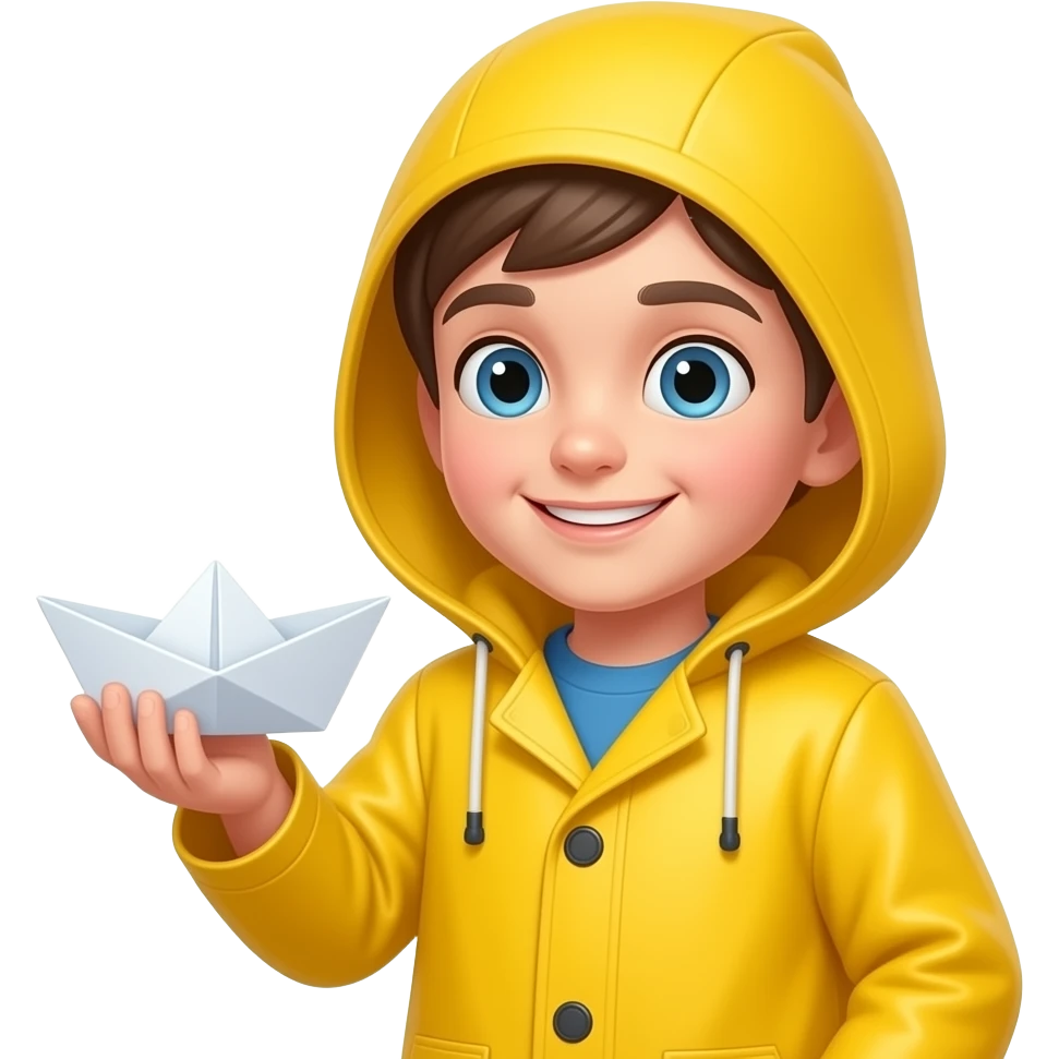 Georgie wearing his yellow raincoat holding his paper boat emoji