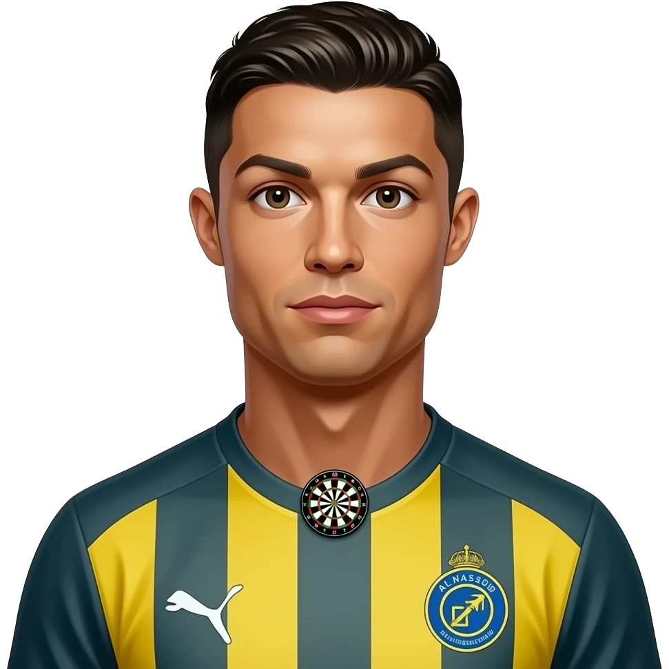 Cristiano Ronaldo, same Al Nassr jersey, medium portrait shot, one tiny 🎯 target hidden near neckline lighting, hard difficulty, no text. emoji